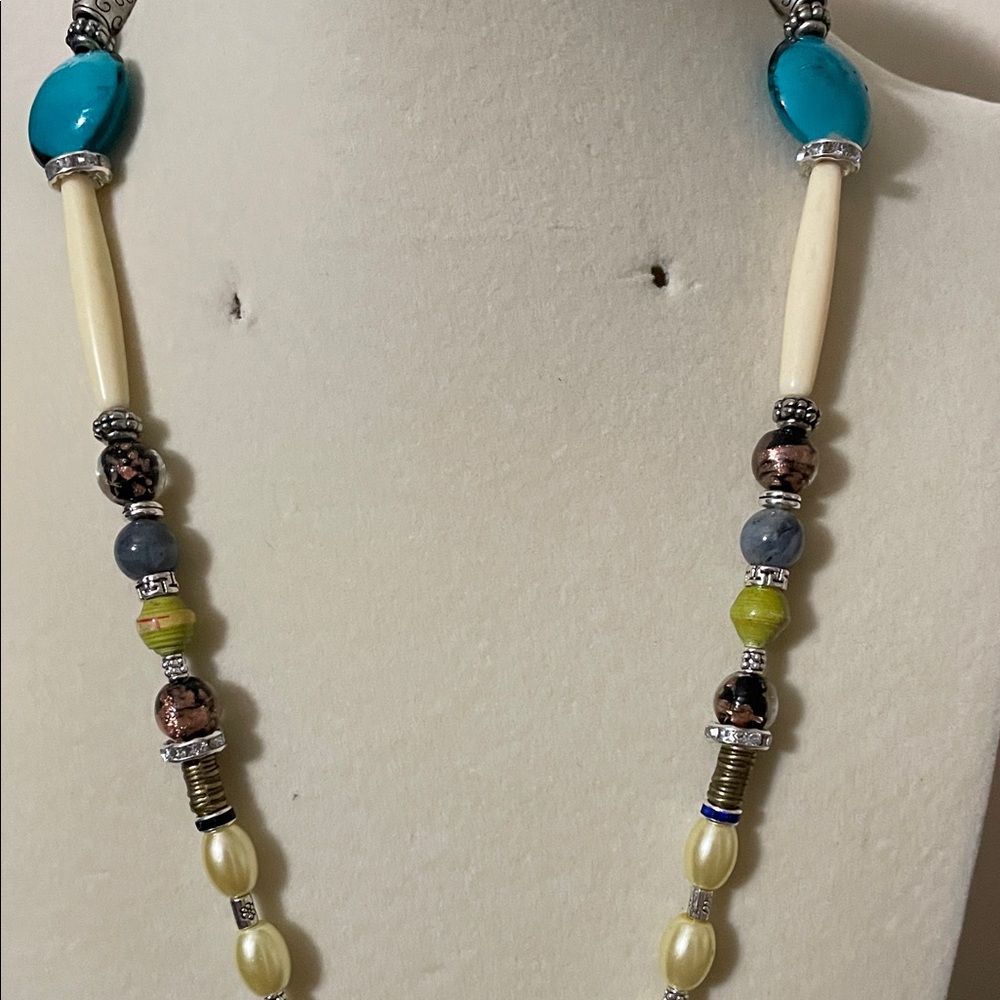 Artisan Turquoise and Silver Glass and Stone Pendant Necklace - Picture 7 of 11